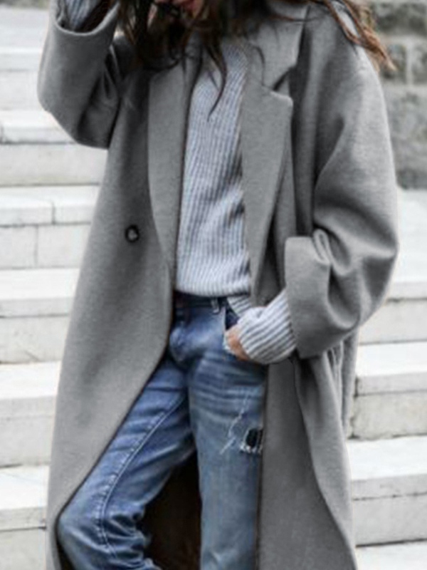 Solid Woolen Lapel Neck Long Jacket-1