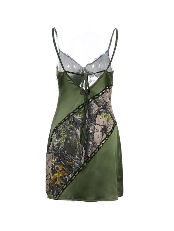 Irregular Print Lace Splice Tie Back Mini Dress-5