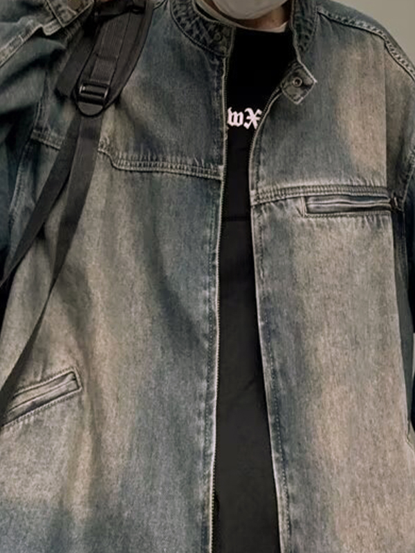 Men's Vintage Zip Up Design Denim Jacket-4