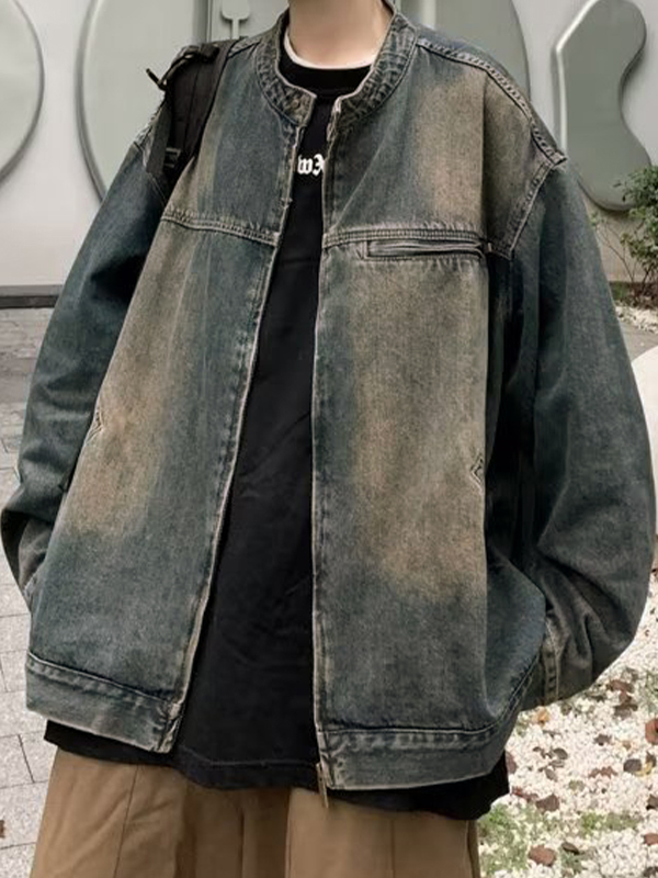 Men's Vintage Zip Up Design Denim Jacket-3