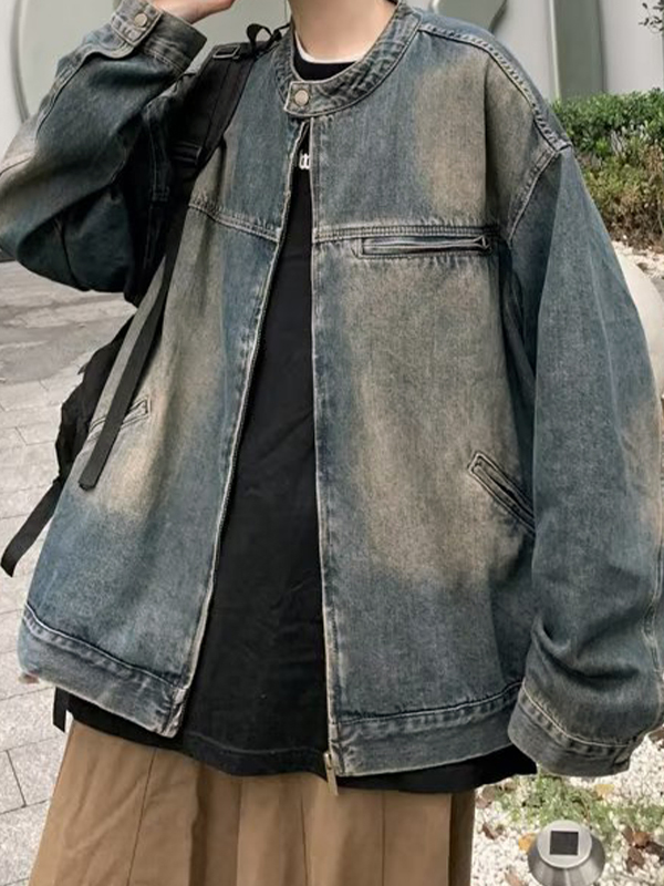 Men's Vintage Zip Up Design Denim Jacket-2