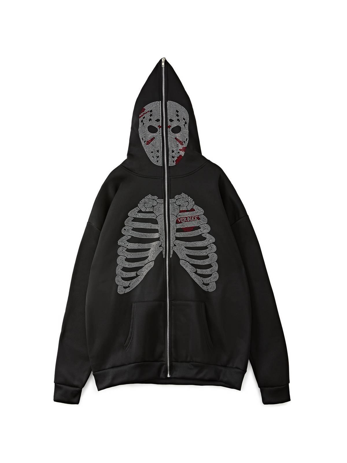 Men's Halloween Rhinestone Skull Zip Up Hoodie-2