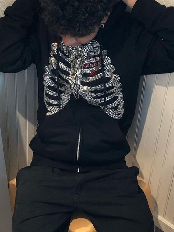 Men's Halloween Rhinestone Skull Zip Up Hoodie-1