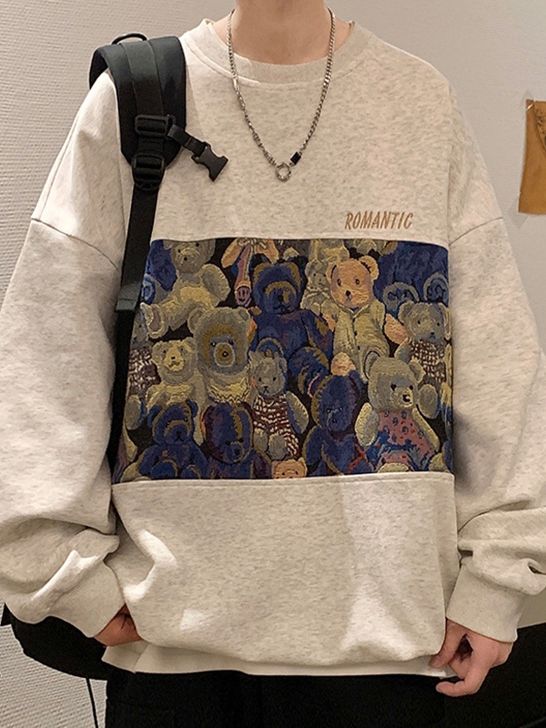 Men's Bear Print Splice Sweatshirt-1