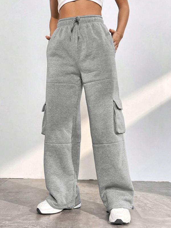 Solid Flap Pocket Lace Up Sweatpants-2
