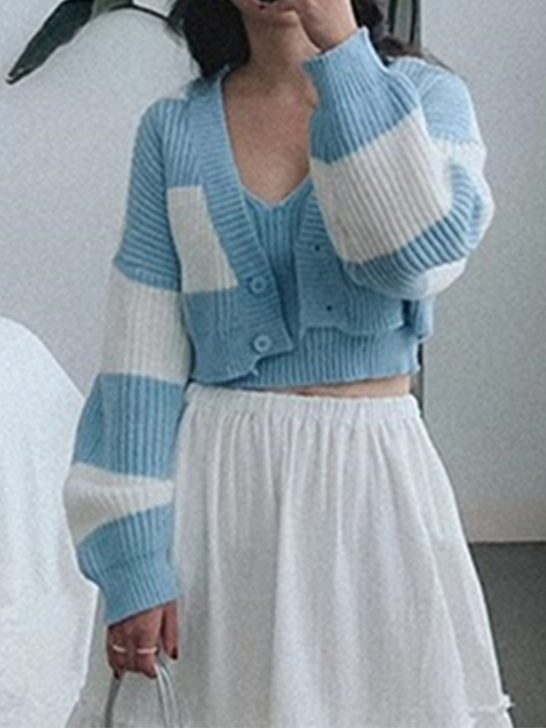 Stripe Splice Short Knit Cardigan-1