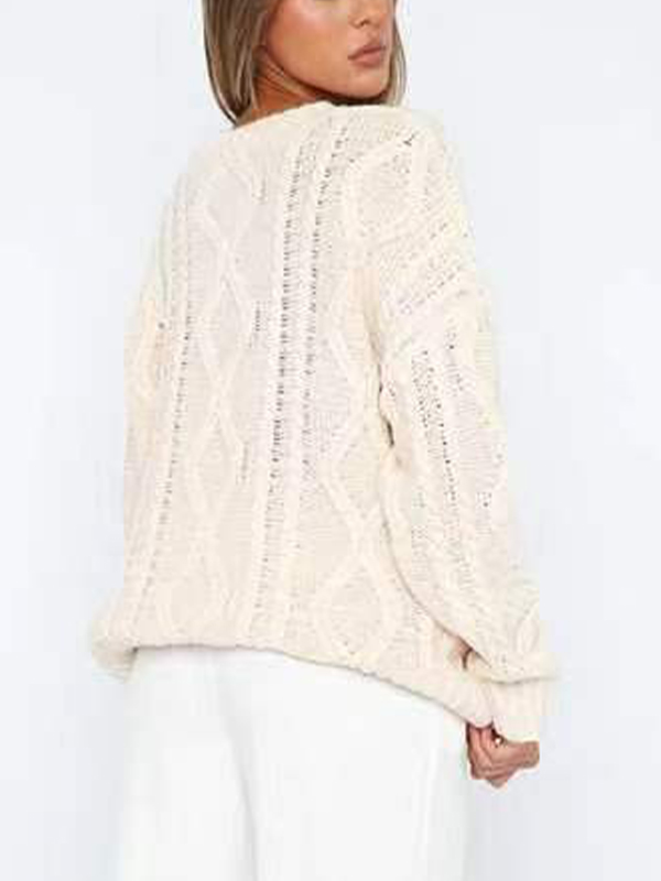 Solid Crew Neck Cable Knit Sweater-1